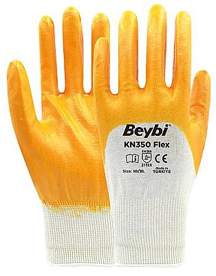 Beybi KN350 Flex No:9 Sarı Beyaz Pamuk Örme Nitril Eldiven KN350-FLEX-9