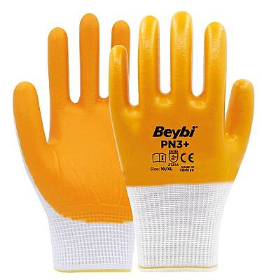 Beybi PN3+ No:9 Sarı Beyaz Polyester Örme Nitril Eldiven PN3+-9
